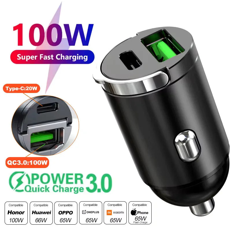 100W/200W QC3.0 PD Mini Car Charger 12-24V Lighter Fast Charging Car USB Type C Charger for Samsung iPhone Power