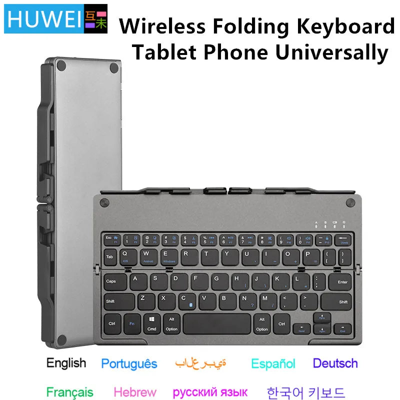 HUWEI Mini Folding Wireless Keyboard Spanish Arabic Hebrew Portugues German with Stand for Windows, Android, IOS Tablet Phone