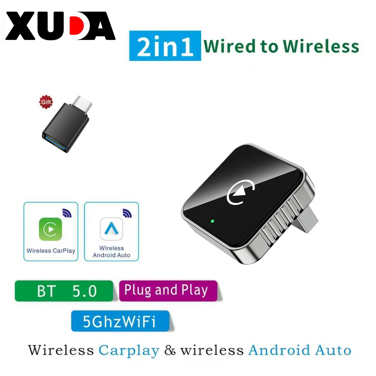 XUDA 2 in 1 Wired to Wireless CarPlay Android Auto Adapter for OEM Car Stereo With USB Dongle