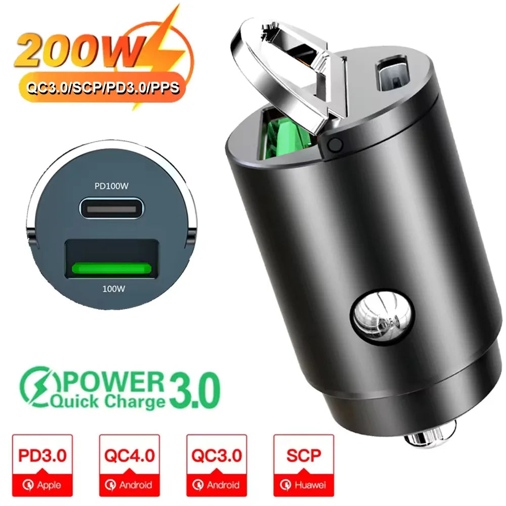 100W/200W QC3.0 PD Mini Car Charger 12-24V Lighter Fast Charging Car USB Type C Charger for Samsung iPhone Power