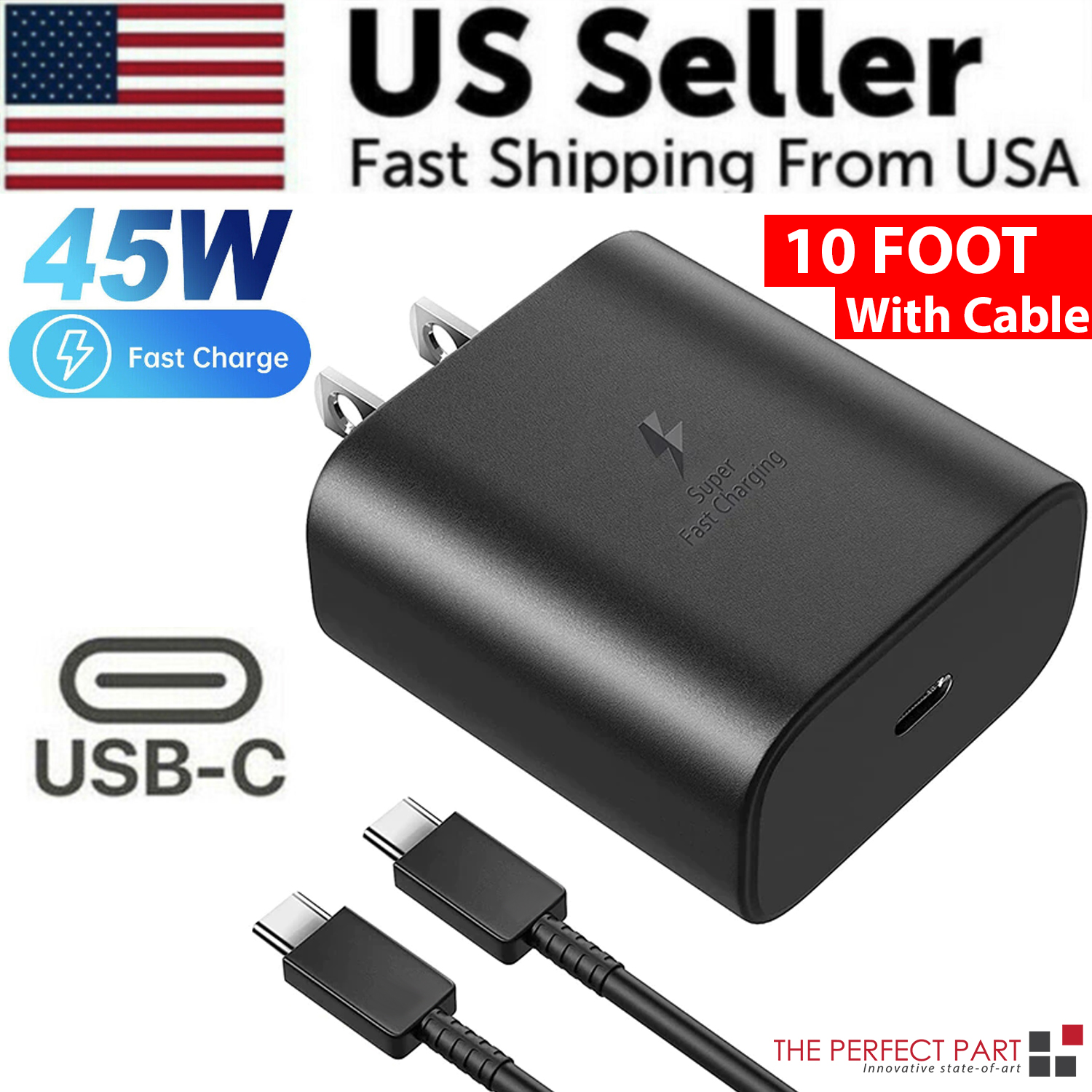45W USB-C Super Fast Wall Charger 10FT Cable For Samsung Galaxy S20