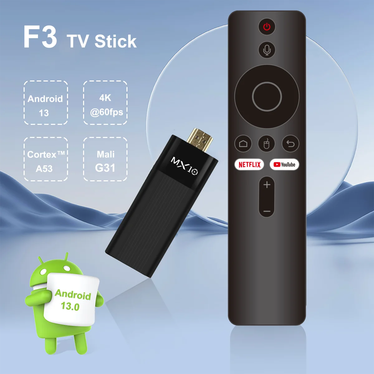 MX10-F3 TV Stick 4K Android 11 Allwinner H313 2.4G & 5G Wifi 2GB 16GB