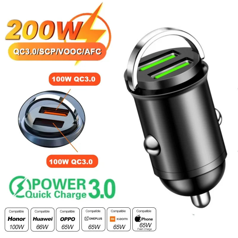 100W/200W QC3.0 PD Mini Car Charger 12-24V Lighter Fast Charging Car USB Type C Charger for Samsung iPhone Power