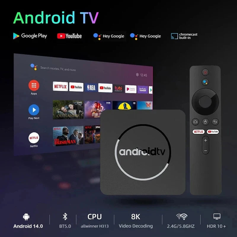 Q10 Android 14 8K HDR10+ Smart TV Box Allwinner H313 128G Dual Wifi BT5.0 Media Player with Google Voice Assistant